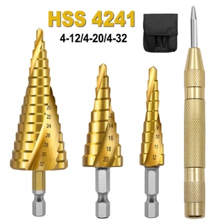 4 Túi Vàng HSS Xoắn Ốc Rãnh Lục Giác Bước Mũi Khoan Trung Tâm Đấm Cắt Khoan Mũi Khoan Đánh Dấu Công Cụ Bắt Đầu