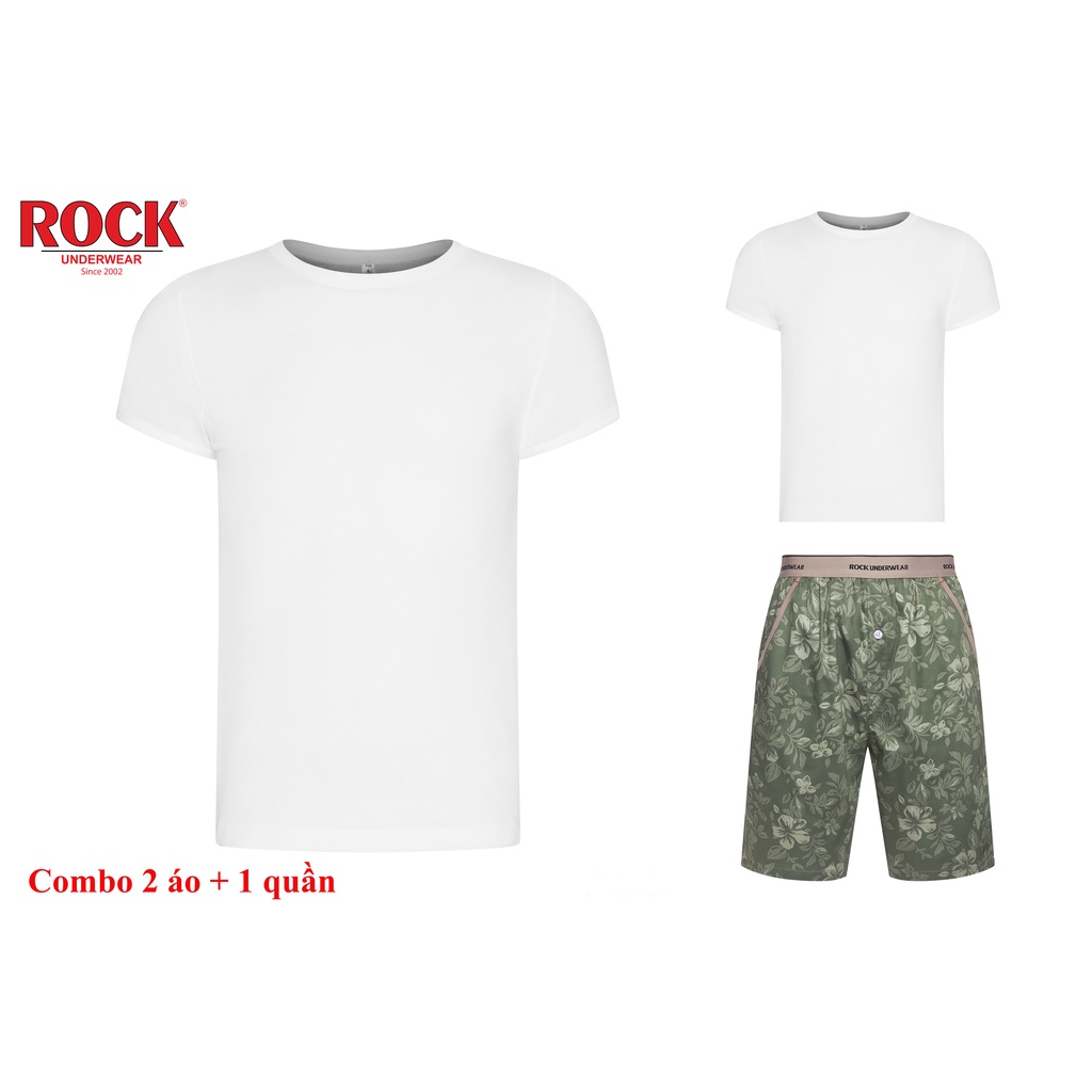 Combo 2 áo thun không đường may vải cotton ROCK 5076+1 quần Short nam 5047 mặc nhà, tập gym