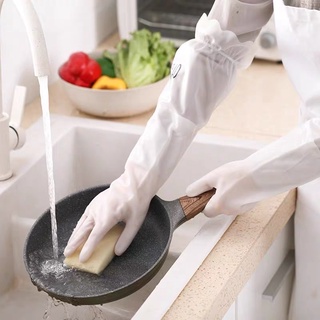 Găng Tay Cao Su Rửa Bát Cổ Cao Siêu Dai Lót Nỉ Có Chun Chống Tụt Cam Homeware