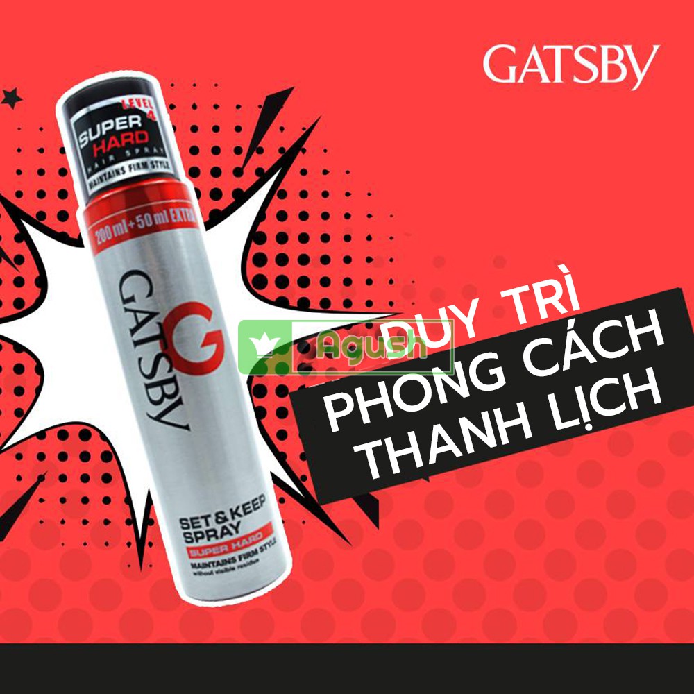 Keo xịt tóc nam nữ thơm mềm giữ nếp không cứng chính hãng Gatsby Hair Spray Super Hard chai 250ml tạo nếp không bết dính