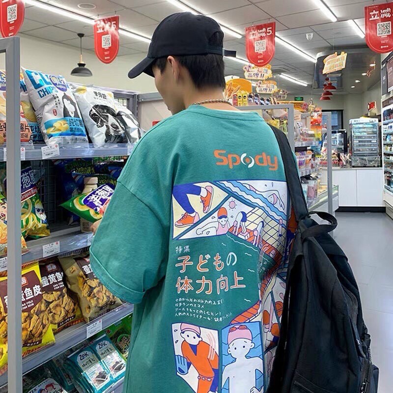 Áo thun nam tay lỡ form rộng freesize màu đen trắng xanh - spody