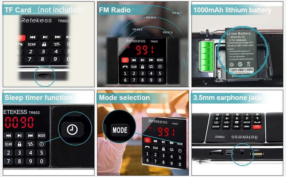 Mô tả Retekess TR602 Đài phát thanh Bluetooth âm thanh nổi AM FM di động với loa máy nghe nhạc MP3 không dây Hỗ trợ đầu vào Thẻ TF Đĩa USB có màn hình LED Hẹn giờ ngủ (Đen) - 4