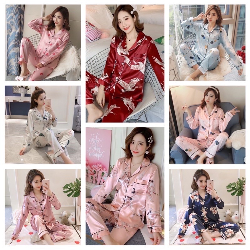 Sét bộ ngủ Pizama phi lụa tay dài nhiều họa tiết xinh
