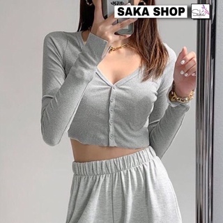Áo croptop nữ tay dài cổ v có nút nhiều màu