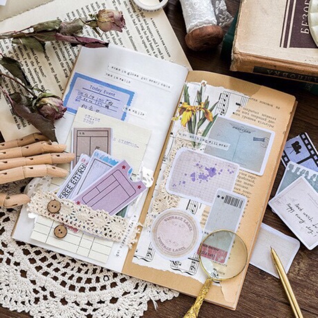 Set note, giấy nền, sticker Vintage trọn bộ làm sổ planner bullet ...