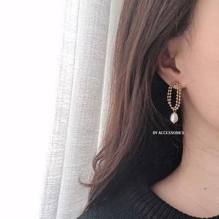 Bông tai nữ titan chuỗi bi phối ngọc trai nhân tạo giọt nước không gỉ WE200403