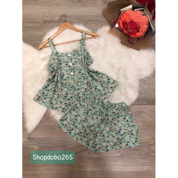 Bộ ngủ 2 dây,đồ bộ nữ mặc nhà đùi tầng vải lụa BN 120 họa tiết hoa nhí dễ thương size 47-60kg.