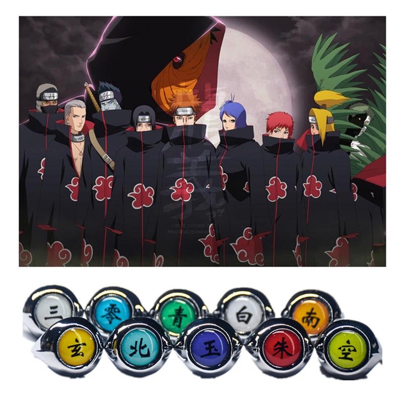 Set 10 Nhẫn Hóa Trang Naruto Akatsuki Uchiha Sasori Itachi Sharingan Có Thể Điều Chỉnh Kích Cỡ Cho Cặp Đôi