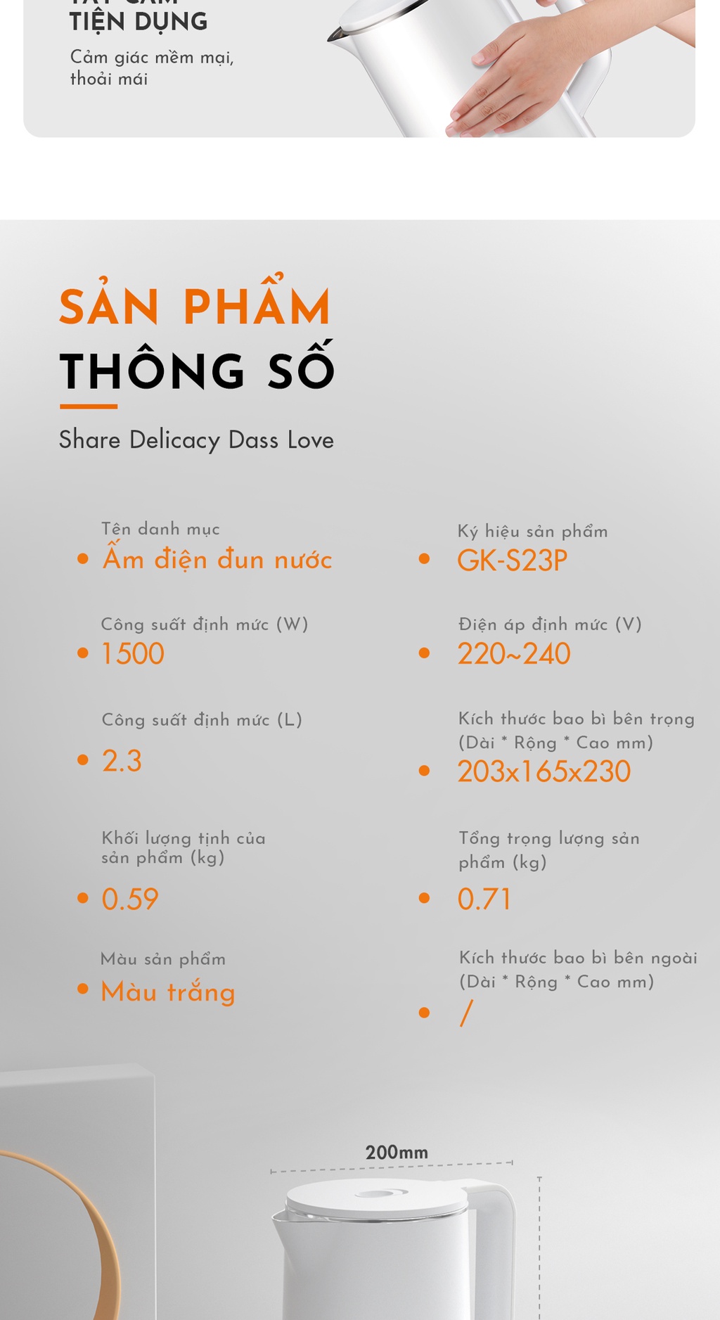 Mô tả Bình đun siêu tốc Gaabor EK20M-WH02A dung tích lớn 2L công suất 1500W chất liệu inox sôi nhanh dễ vệ sinh - 5