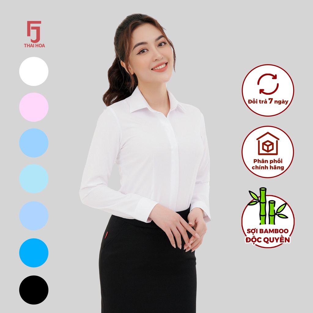 Áo sơ mi nữ công sở các màu vải kẻ chìm sợi tre cao cấp Thái Hòa ASW0101-R12