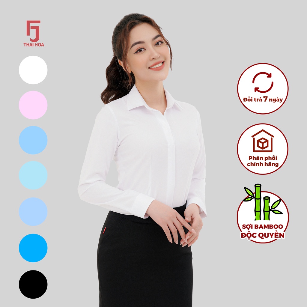 Áo sơ mi nữ dài tay R12 cổ đức form ôm vải sợi tre kẻ chìm nhiều màu Thái Hòa