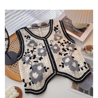 Áo Sweater Dệt Kim Sát Nách Dáng Rộng Cổ Chữ V Thêu Hoa Phong Cách Hàn Quốc Cho Nữ