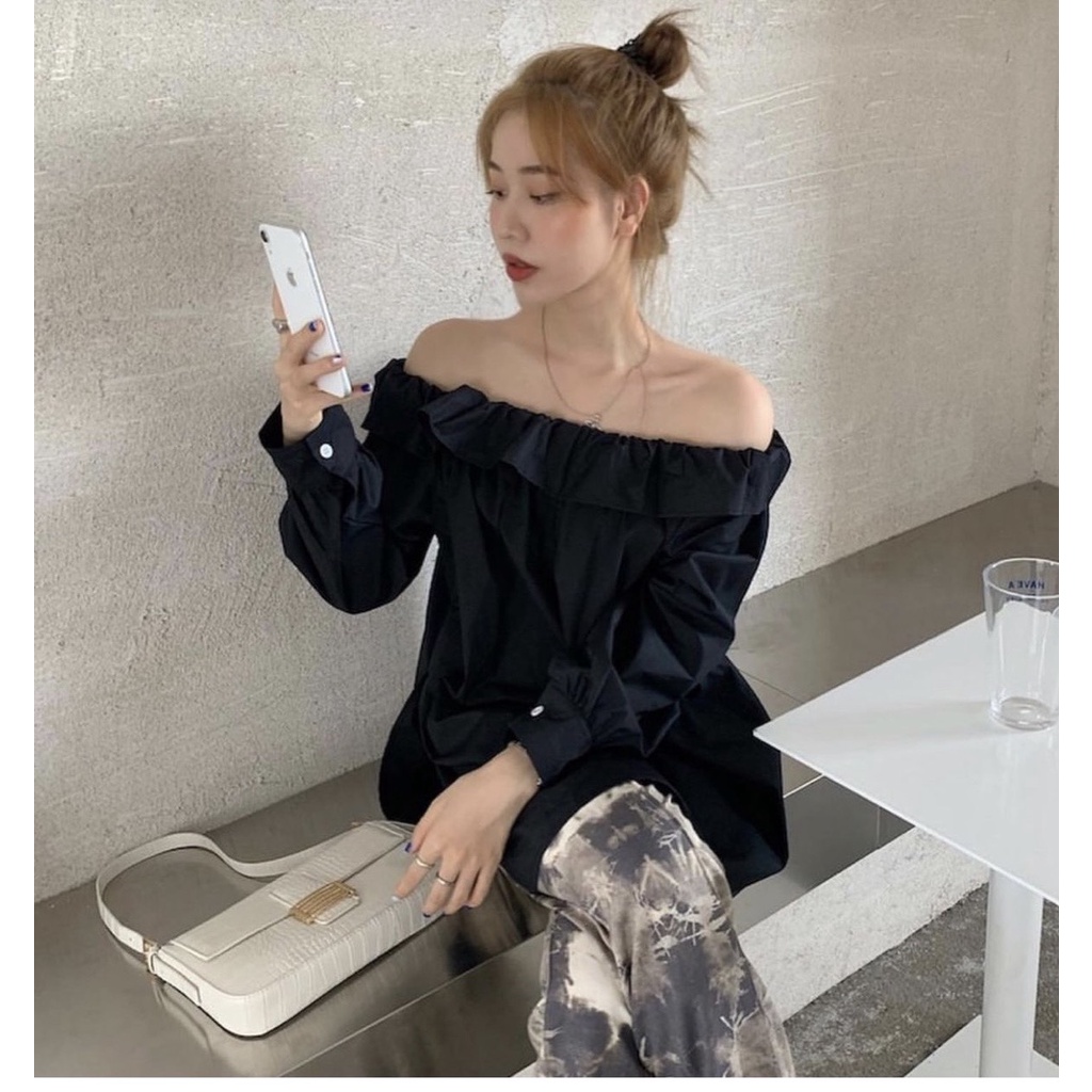 ÁO TRỄ VAI NHÚN BÈO BA MÀU TRẮNG ĐEN NÂU - MIN TOP