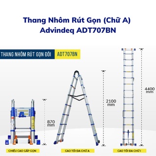 Thang nhôm rút chữ A  ADVINDEQ ADT707BN - 8 đế cao su chắc chắn -Có bánh xe kéo-Hợp kim nhôm cao cấp