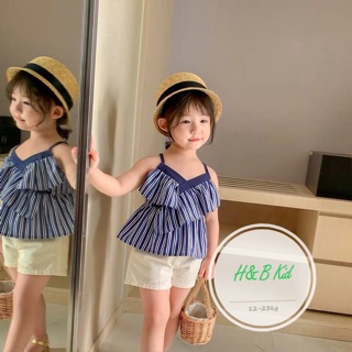 Bộ hai dây bé gái mặc hè, bộ hè áo hai dây sọc chéo bé gái, bộ quần đũi bé gái hottrend