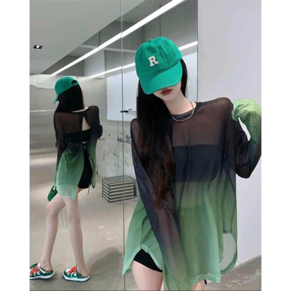 Milyfashion Gradient Ice Silk Kem Chống Nắng Mùa Hè Pure Desire Hot Girl Gợi Cảm Dây Mỏng Xuyên Qua Tay Dài T