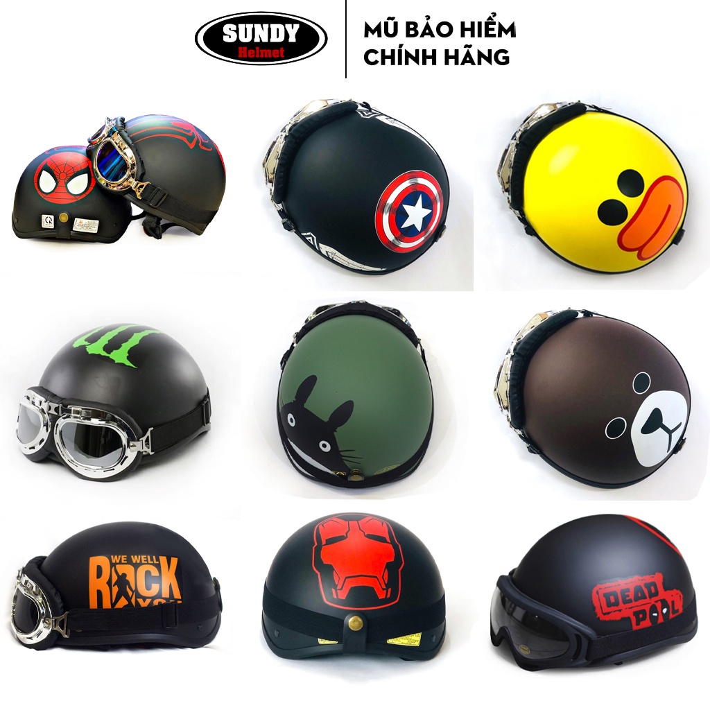 Ảnh Mũ bảo hiểm nửa đầu 1/2 SUNDY cao cấp, kèm kính UV, phi công freesize 55-61cm, nhiều họa tiết thời trang cá tính 2