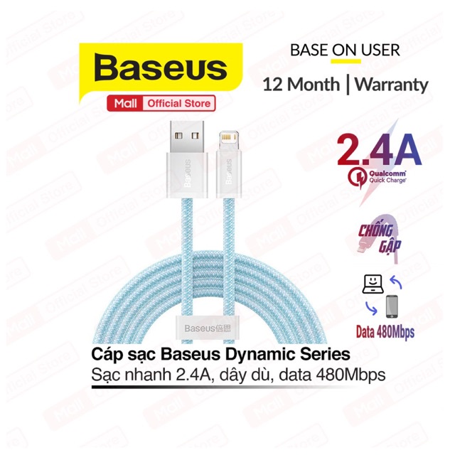 Ảnh Cáp sạc Baseus Dynamic Series USB dùng cho 6/7/8/10/11/12/13/14 sạc nhanh 2.4A data tốc độ cao, dây bọc dù, dài 1m/2m 1