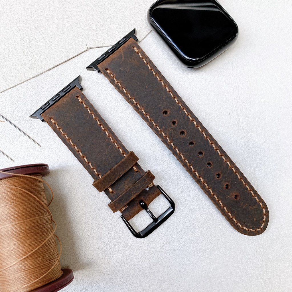 Dây đeo Apple Watch da bò 2 lớp nâu đậm, đủ seri 1,2,3,4,5,6... 38mm,40mm,42mm,44mm