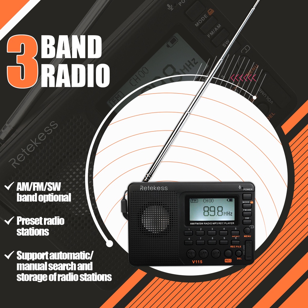 Ảnh Radio RETEKESS V115 Fm sóng ngắn nghe nhạc Mp3 ghi âm kỹ thuật số hỗ trợ thẻ Micro Sd Tf với chức năng hẹn giờ ngủ 2