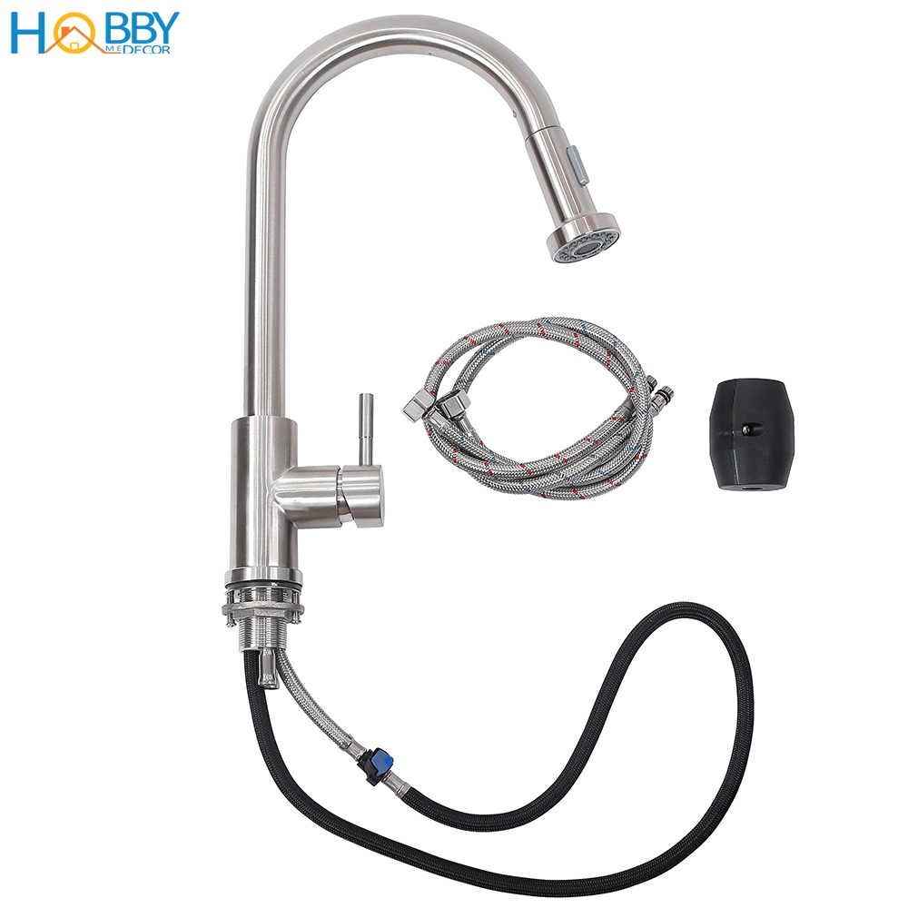 Vòi rửa chén nóng lạnh dây rút 2 chế độ inox 304 Hobby Home Decor VDR4