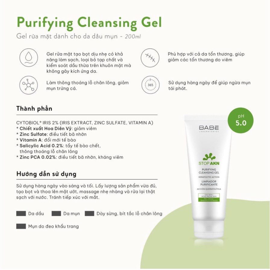 Ảnh Sữa rửa mặt BABE Stop Akn Purifying Cleansing gel cho da dầu mụn 200ml - AJAS SKINLAB 3