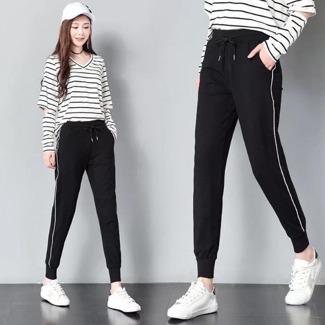 Quần Jogger Nữ thun Poly co giãn phong cách thể thao phối 1 line cá tính