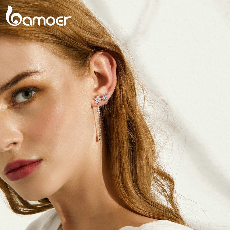 Bamoer Bông Tai bạc 925 Dáng Dài Phối Tua Rua Thời Trang Cho Nữ bse288