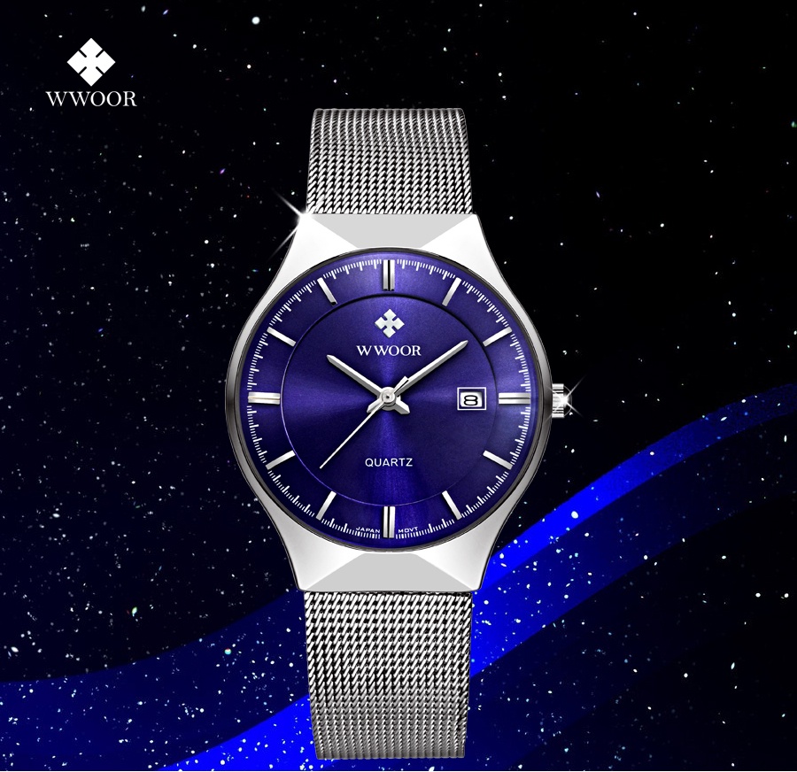 Mô tả Đồng Hồ Quartz WWOOR 8016 Bằng Thép Lưới Siêu Mỏng Chống Thấm Nước Màu Bạc Thời Trang Cho Nam - 1