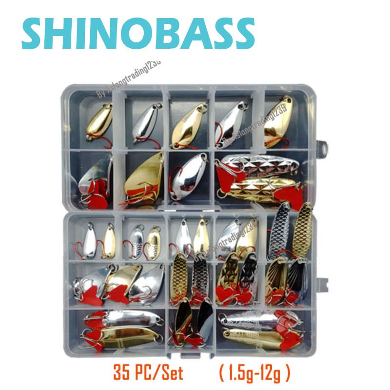 SHINOBASS 35 Cái / lô Muỗng Kim Loại Mồi Câu Cá 1.5g-12g Kích Thước Hỗn Hợp Treble Móc Mồi Cứng Bass Cá Hồi Mực Jig Phụ Kiện + Hộp