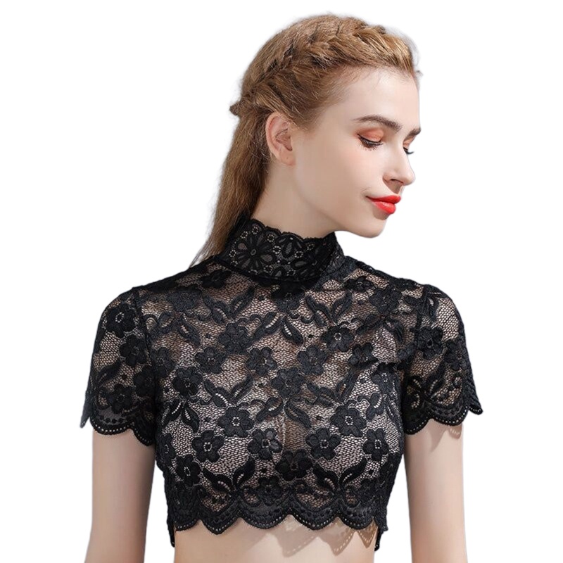 Yoi Áo Croptop Tay Lửng Cổ Lọ Phối Ren Hoa Thanh Lịch Có Thể Tháo Rời Cho Nữ