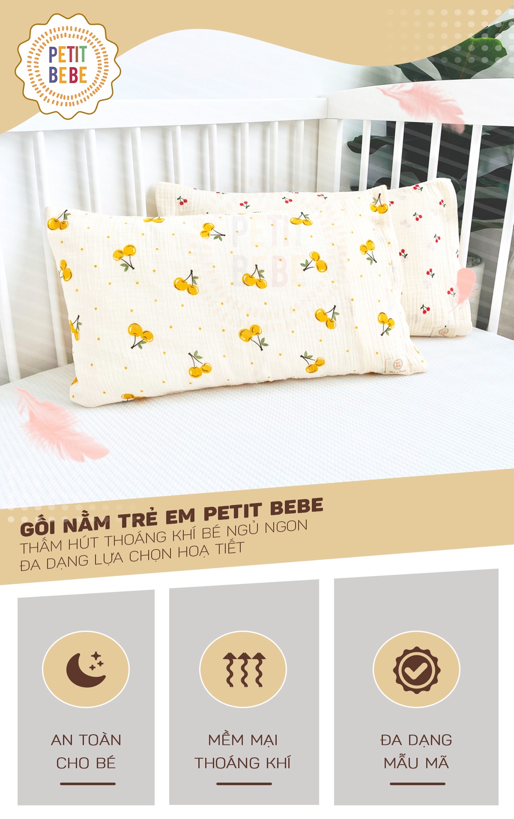 Mô tả Gối nằm cho bé mẫu giáo tiểu học muslin Petit Bebe 30x50cm mềm mát thoáng khí - 1