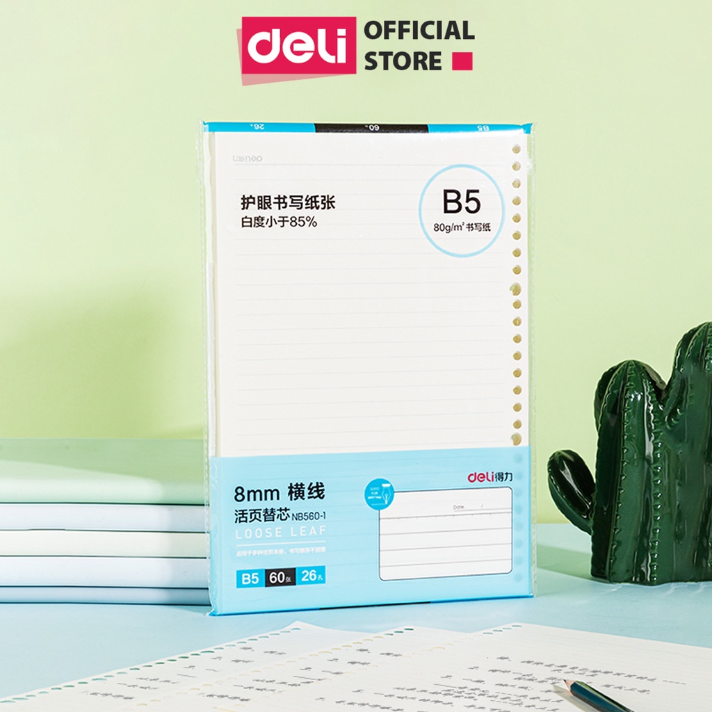 Ruột Sổ Còng Giấy Refill A5 B5 A4 Deli - Kẻ Ngang/ Caro - Giấy Chống Lóa 100/ 120 Trang - Sổ Planner Bullet Journal