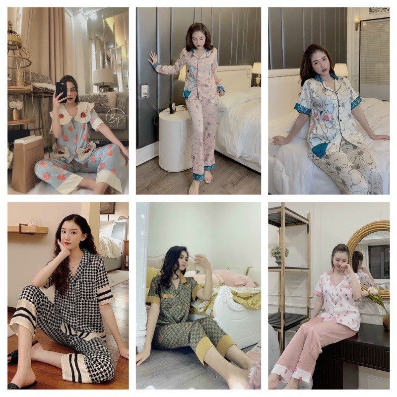 Bộ đồ Pijama lụa💖Bộ lụa tay cộc quần dài hoạ tiết mát lịm