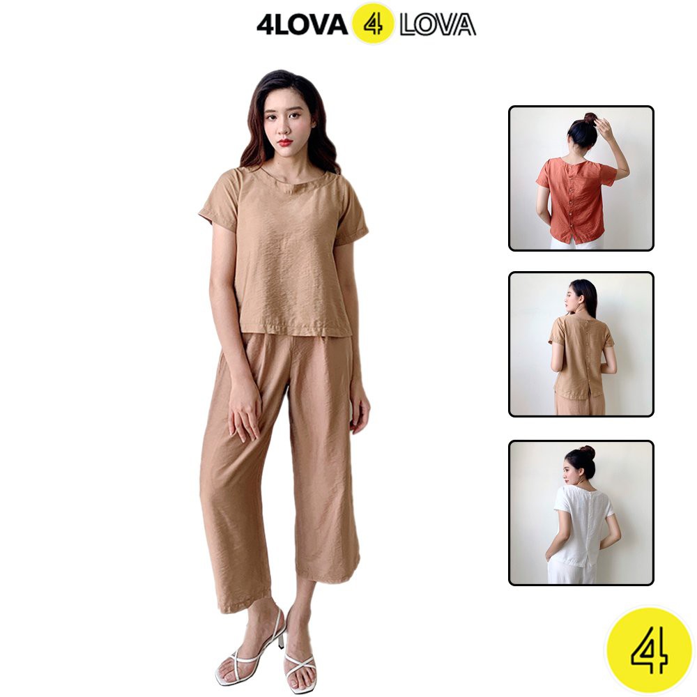 Set quần áo nữ 4LOVA quần culotes ống suông rộng phối áo cộc tay cúc sau chất đũi lụa cao cấp