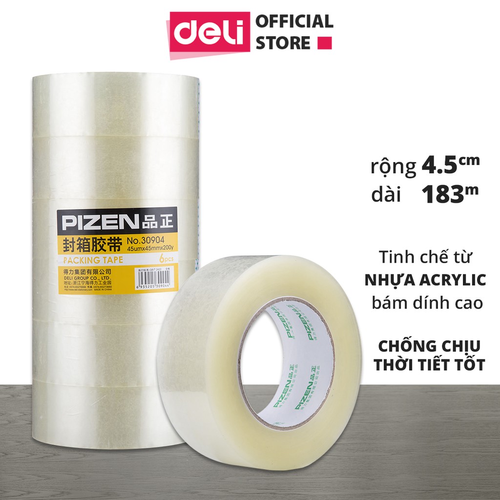 Combo 6 cuộn Băng keo dính trong đóng thùng hàng Deli - Loại 45mm x 183m siêu dính - 30904