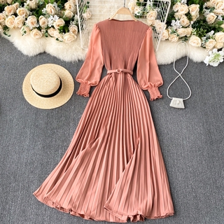 Đầm maxi Vải Voan Dáng Ôm Tay Phồng Xếp Ly Phối Thắt Lưng Kiểu Hàn Quốc Thời Trang Dự Tiệc Cho Bạn Gái