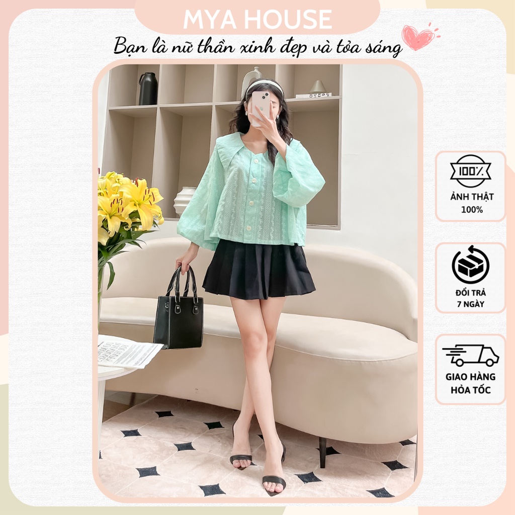 Áo sơmi xanh lá in hoạ tiết tay phồng cổ nhọn Lily shirt