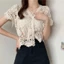 Pealike Nữ Tay Ngắn Ren Shrug Rỗng Móc Nút Sheer Crop Cardigan Cho Jack