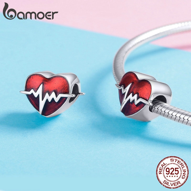 Hạt trang sức Bamoer SCC1151 bạc 925 hình trái tim màu đỏ làm trang sức dễ thương