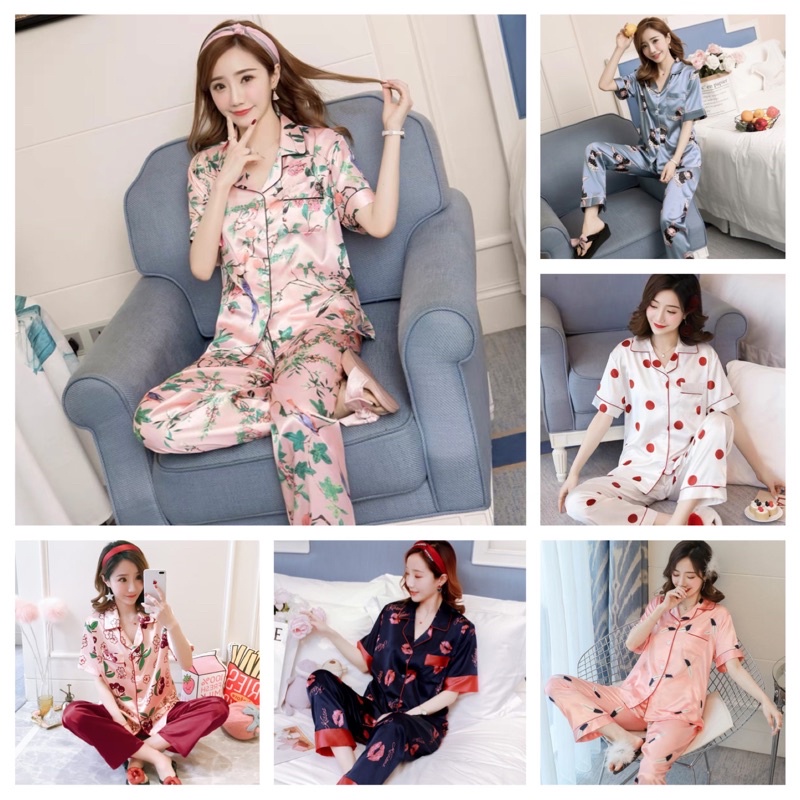 Đồ bộ Pizama lụa họa tiết lá Tay Ngắn dễ thương - Y22 (Kèm ảnh+ video thật)