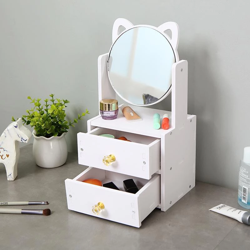 Kệ Tủ Đựng Mỹ Phẩm Mini Kệ Để Đồ Trang Điểm, Đồ Cá Nhân, Có Kèm Gương Tai Mèo Dễ Thương