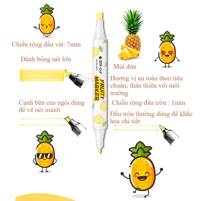 Set 6 Bút Dạ đánh dấu nhớ dòng 2 Đầu STA FRUITY MARKET Light Color Thơm Ngát Mùi Dứa Ấn Tượng Độc Đáo. MS: STA3201