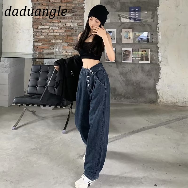 Daduhey Quần jean dài cạp cao ống rộng phối nhiều nút hợp xu hướng phiên bản Hàn Quốc thời trang cho nữ