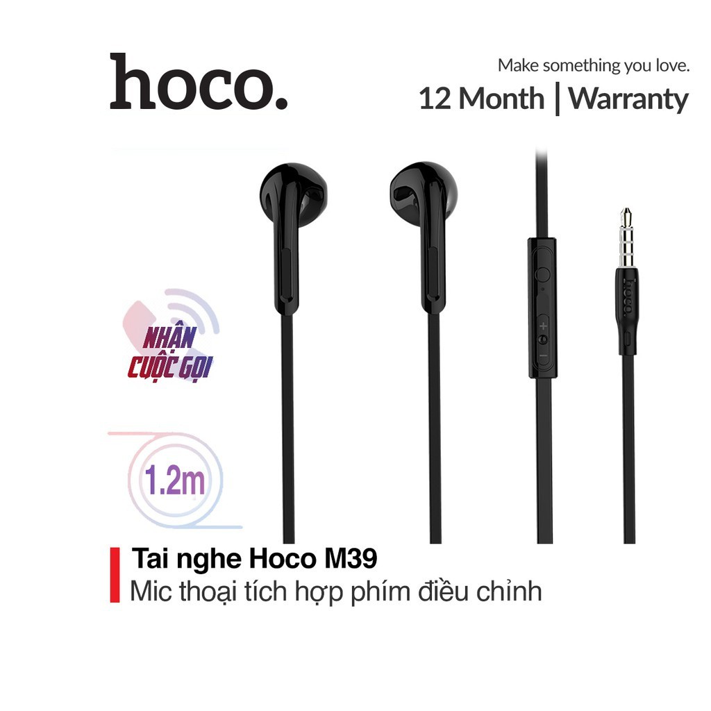 Tai nghe nhét tai Hoco M39 tích hợp Microphone và chức năng nhận cuộc gọi, chất liệu TPE chất lượng cao dài 1.2M