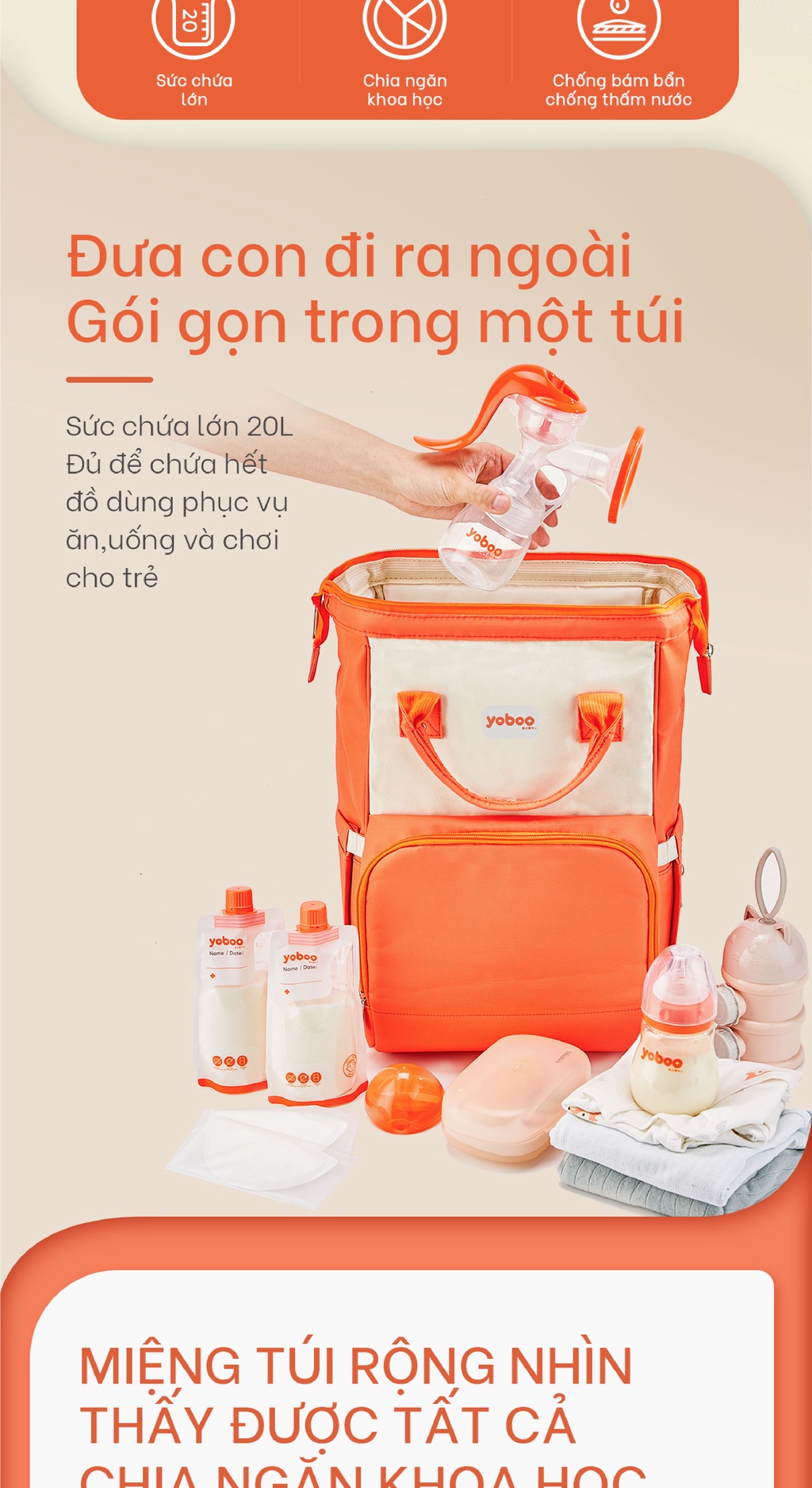 Mô tả Balo bỉm sữa đa năng cho mẹ và bé Yoboo YB-005 chống thấm nước sức chứa lớn 20L nhiều ngăn chứa đồ - Hàng chính hãng - 2