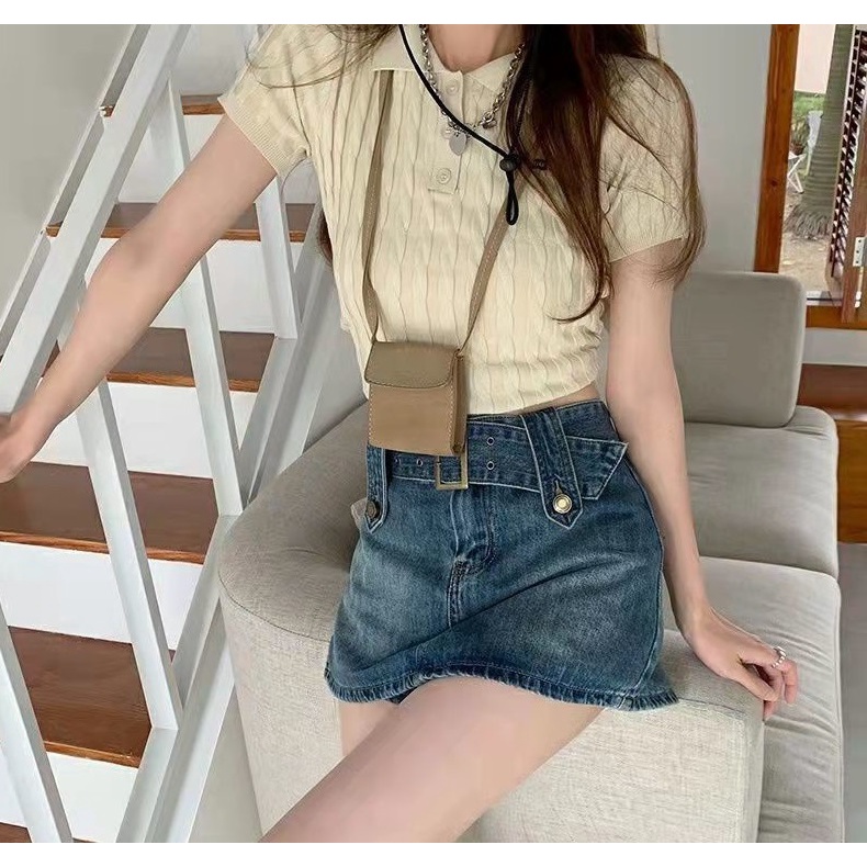 Chân Váy Bò Kèm Đai Bản To Có Quần Trong CV005 Skirt jean dáng ngắn thiết kế thắt lưng cá tính hàn quốc