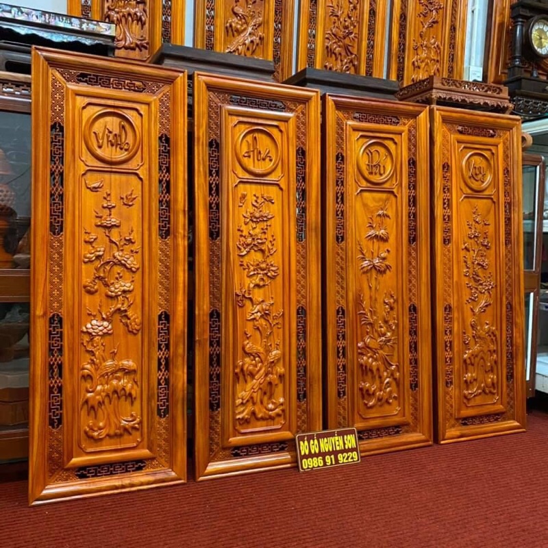 Bộ tranh gỗ treo tường tranh tứ quý gỗ hương ,sơn pu cao cấp ,bền đep kích thước 37*107,dày 4cm