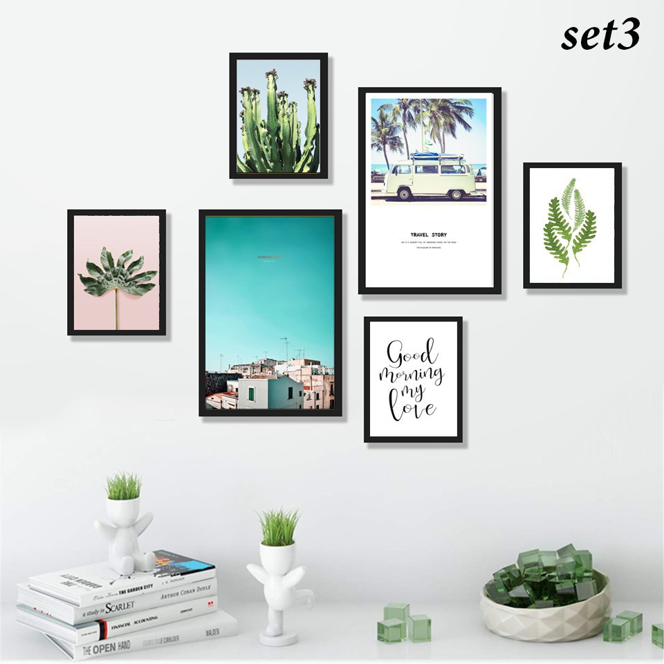 Tranh treo tường, set 6 tranh dán tường TROPICAL dày 5mm, có sẵn keo 2 mặt, trang trí phòng ngủ, phòng khách