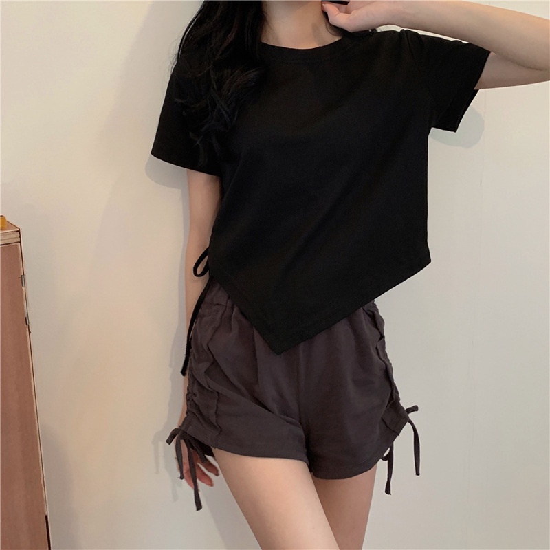 Áo Thun Tay Ngắn Phối Dây Rút Phong Cách Hàn Quốc Thời Trang Mùa Hè Xinh Xắn Cho Nữ